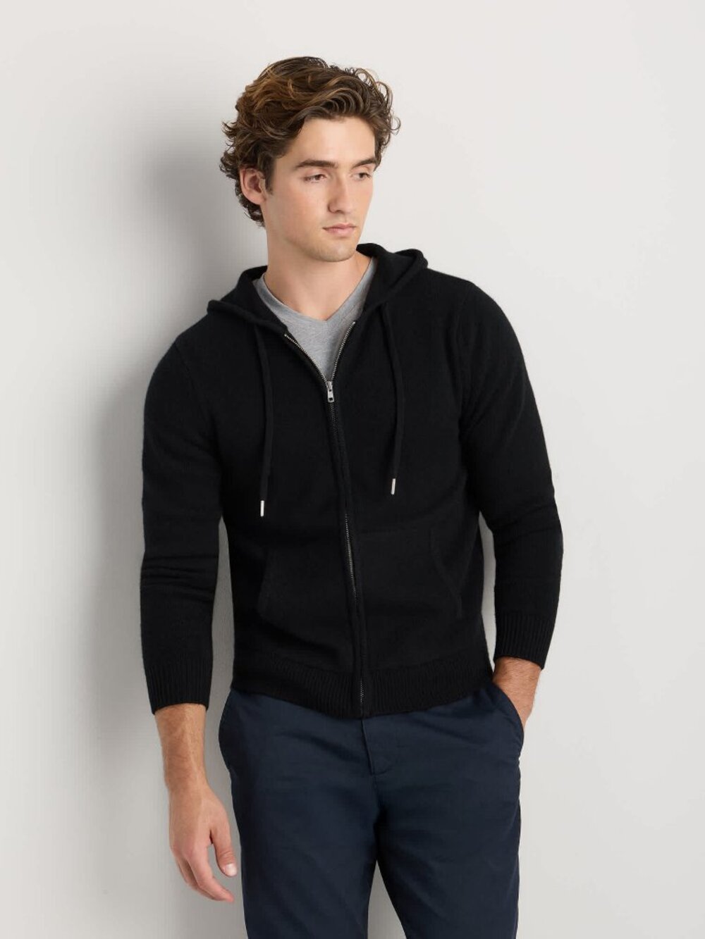 Quince Men's Mongolian Cashmere Full-Zip Hoodie, Black, Large (tiny flaw) - NWT!